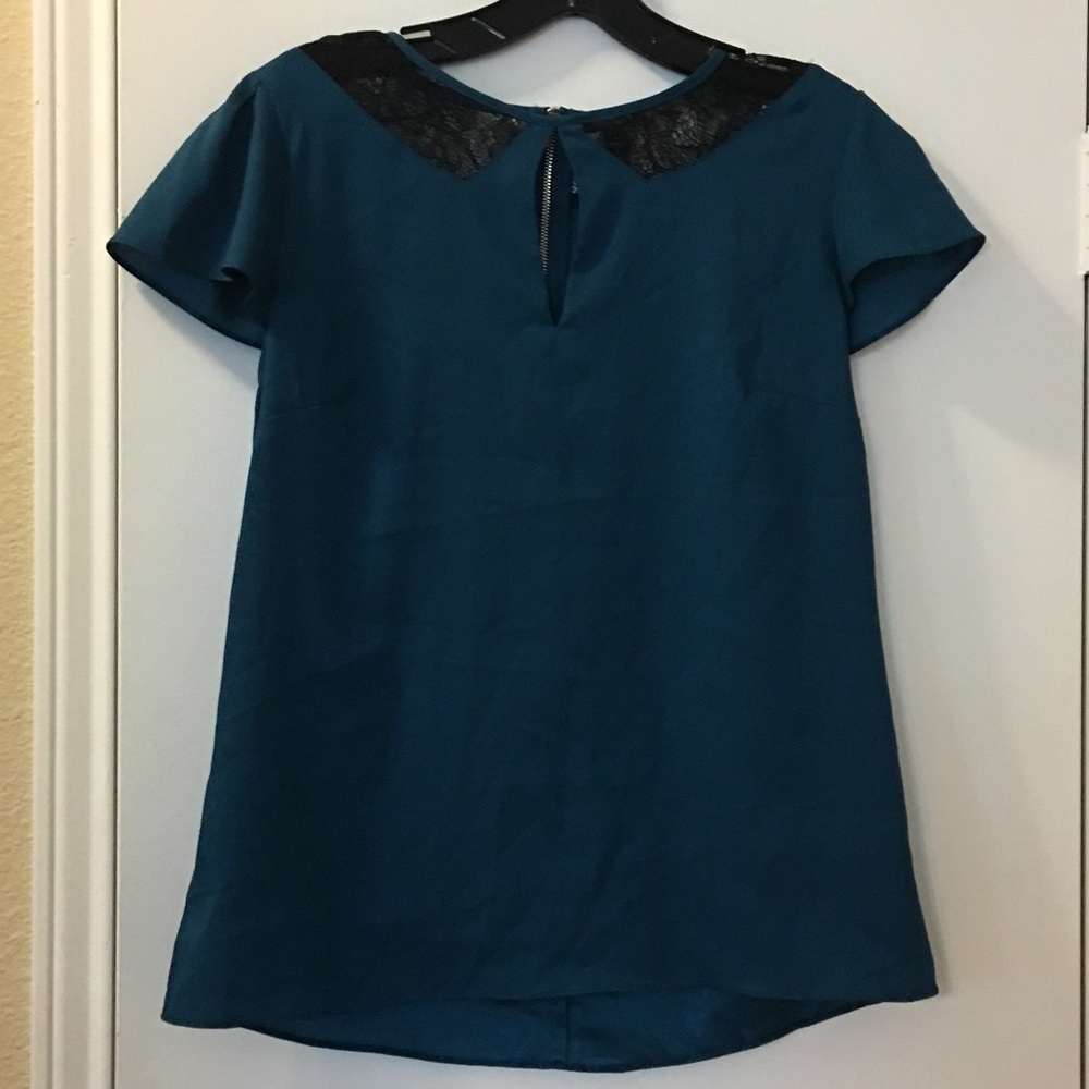 Ann Taylor Teal Keyhole Blouse with Lace
